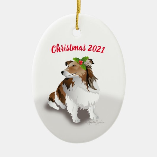 Sheltie met Green Holly kerstversiering Keramisch Ornament (Voorkant)