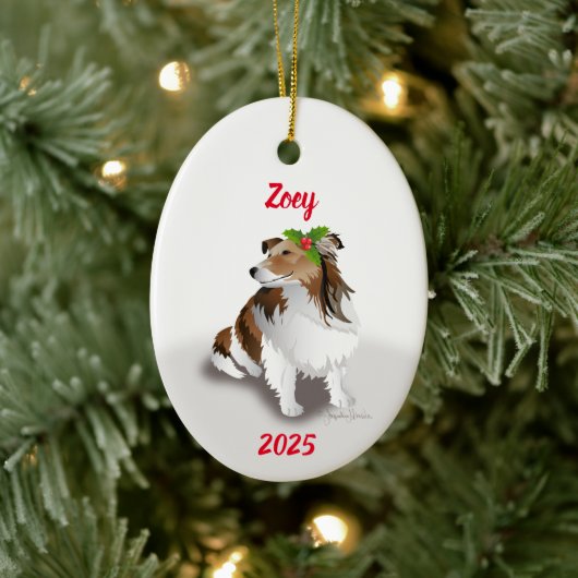 Sheltie met hulstornament keramisch ornament (Boom)