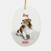 Sheltie met hulstornament keramisch ornament (Voorkant)
