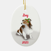 Sheltie met hulstornament keramisch ornament (Achterkant)