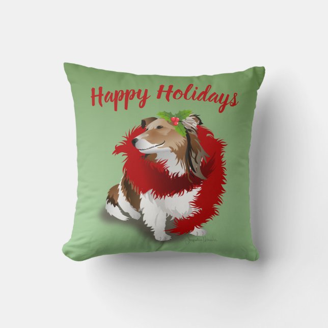 Sheltie, Red Scarf, Holly, kerstSierkussen Kussen (Voorkant)