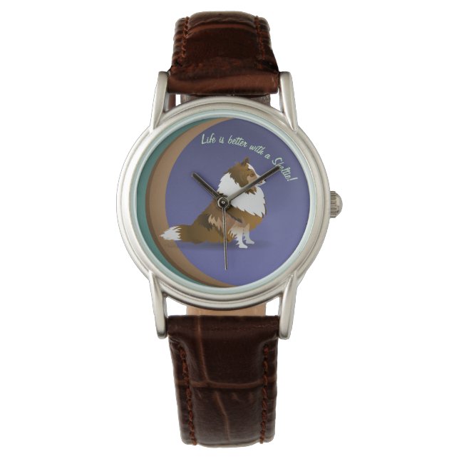 Sheltie, Sable on Purple, Green Circles Watch Horloge (Voorkant)