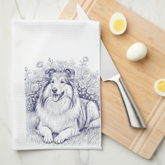 Sheltie-schets met rozenstruik theedoek (Quarter Fold)