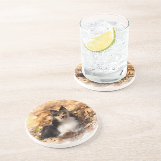 Sheltie Shetland Sheepdog kunstschilderij Zandsteen Onderzetter (Zijkant)