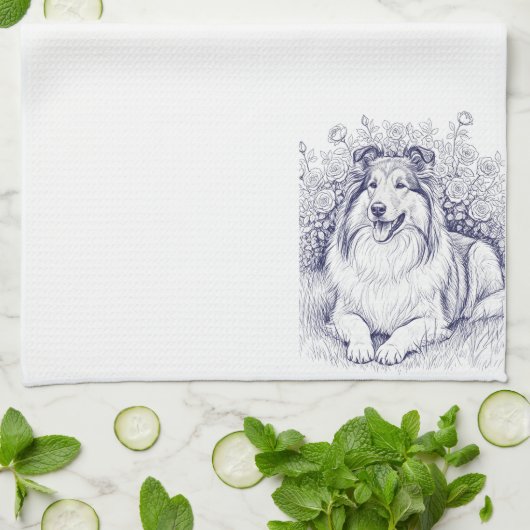 Sheltie Sketch with Rose Bush Theedoek (Gevouwen)