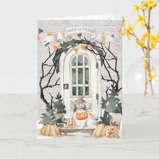 Sheltie Trick or treat Halloween Kaart (Gele Bloem)