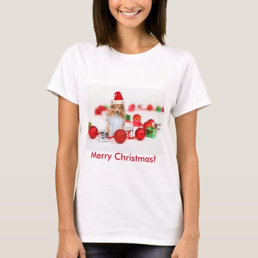 Sheltie Wishing Merry Christmas T-shirt voor dames (Voorkant)