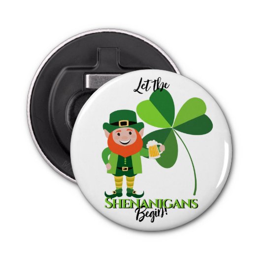 Shenanigans Leprechaun Shamrock St Patrick's Day Button Flesopener (Voorkant)