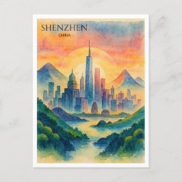 Shenzhen China Waterverf Skyline Souvenir Feestdagenkaart