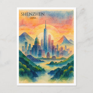 Shenzhen China Waterverf Skyline Souvenir Feestdagenkaart
