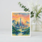 Shenzhen China Waterverf Skyline Souvenir Feestdagenkaart (Staand voorkant)