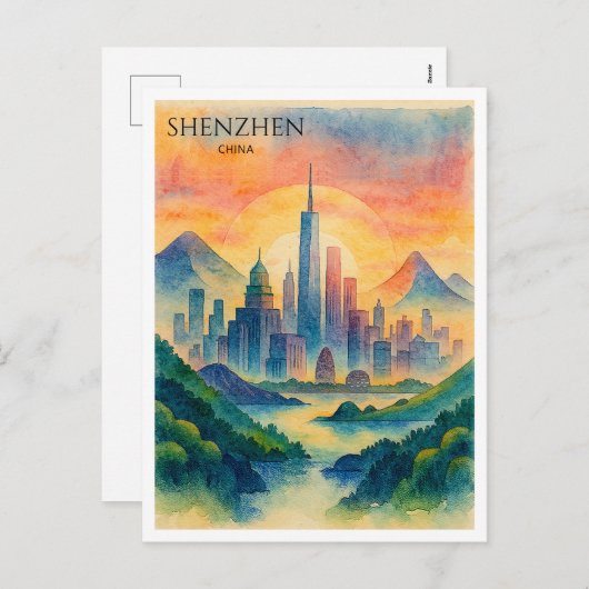 Shenzhen China Waterverf Skyline Souvenir Feestdagenkaart (Voorkant / Achterkant)