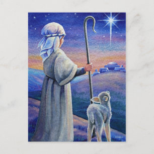 Shepherd Boy Lamb & Star kerstWaterverf Art Briefkaart