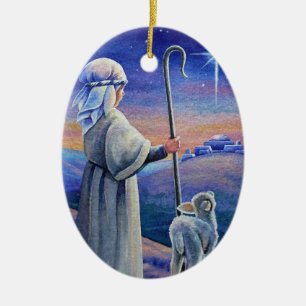 Shepherd Boy Lamb & Star Watercolor Art Keramisch Ornament