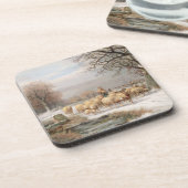 Shepherdess met haar kudde in een winterlandschap bier onderzetter (Linkerzijde)