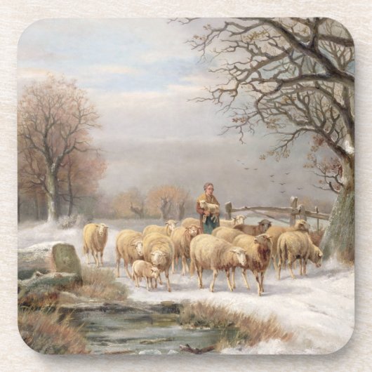 Shepherdess met haar kudde in een winterlandschap bier onderzetter (Voorkant)