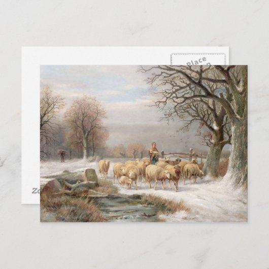 Shepherdess met haar kudde in een winterlandschap  briefkaart (Voorkant / Achterkant)