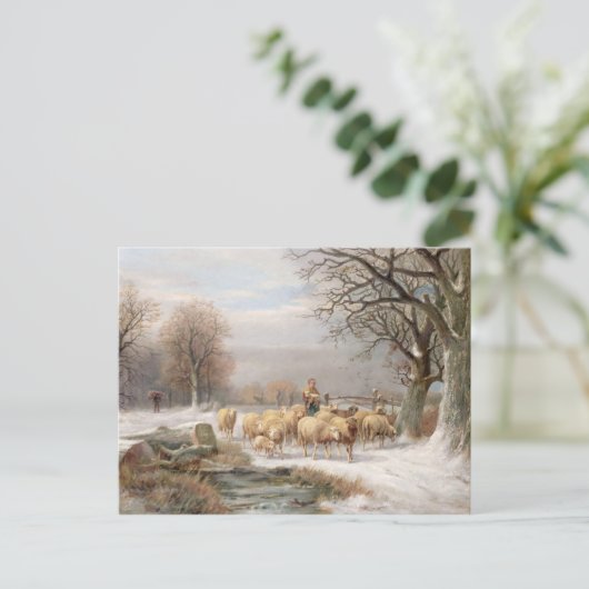 Shepherdess met haar kudde in een winterlandschap briefkaart (Staand voorkant)