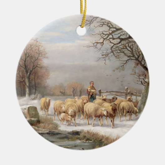 Shepherdess met haar kudde in een winterlandschap  keramisch ornament (Voorkant)