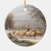 Shepherdess met haar kudde in een winterlandschap  keramisch ornament (Achterkant)