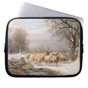 Shepherdess met haar kudde in een winterlandschap laptop sleeve