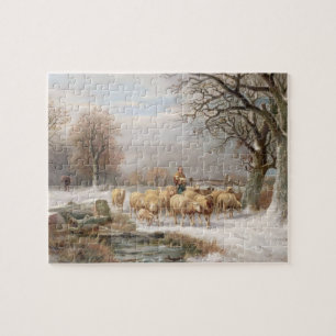 Shepherdess met haar kudde in een winterlandschap  legpuzzel