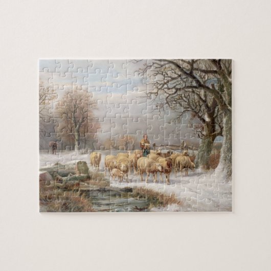Shepherdess met haar kudde in een winterlandschap legpuzzel (Horizontaal)