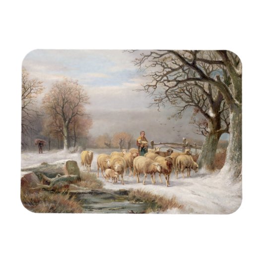 Shepherdess met haar kudde in een winterlandschap  magneet (Horizontaal)
