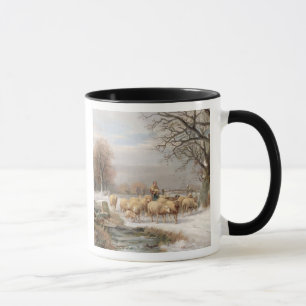 Shepherdess met haar kudde in een winterlandschap  mok