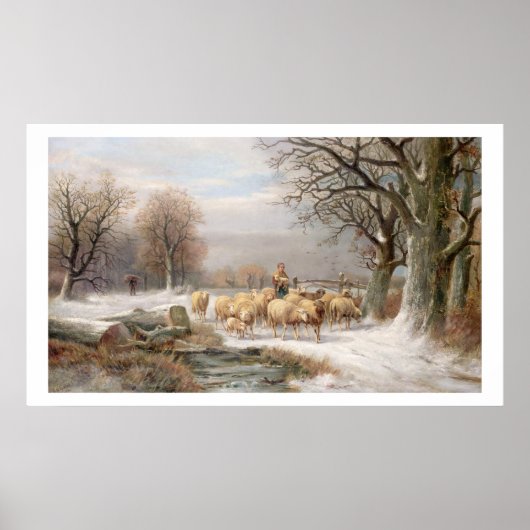 Shepherdess met haar kudde in een winterlandschap poster (Voorkant)