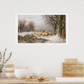Shepherdess met haar kudde in een winterlandschap poster (Keuken)