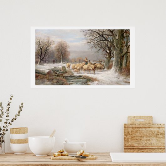Shepherdess met haar kudde in een winterlandschap  poster (Keuken)