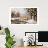 Shepherdess met haar kudde in een winterlandschap poster (Thuiskantoor)