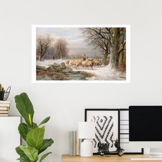 Shepherdess met haar kudde in een winterlandschap poster (Thuiskantoor)