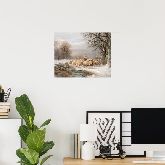 Shepherdess met haar kudde in een winterlandschap  poster (Thuiskantoor)