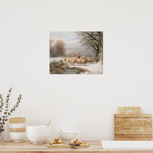 Shepherdess met haar kudde in een winterlandschap  poster (Keuken)