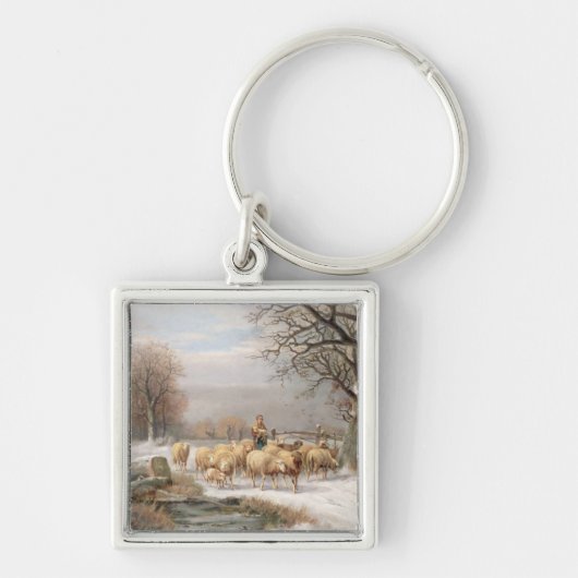 Shepherdess met haar kudde in een winterlandschap sleutelhanger (Voorkant)