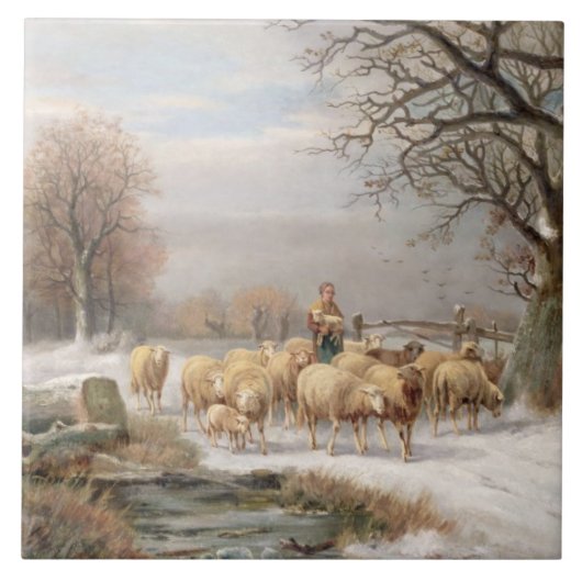 Shepherdess met haar kudde in een winterlandschap  tegeltje (Voorkant)