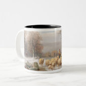 Shepherdess met haar kudde in een winterlandschap  tweekleurige koffiemok (Voorkant links)