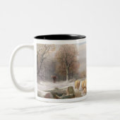 Shepherdess met haar kudde in een winterlandschap  tweekleurige koffiemok (Links)
