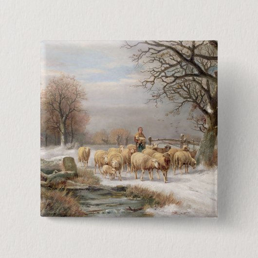 Shepherdess met haar kudde in een winterlandschap  vierkante button 5,1 cm (Voorkant)