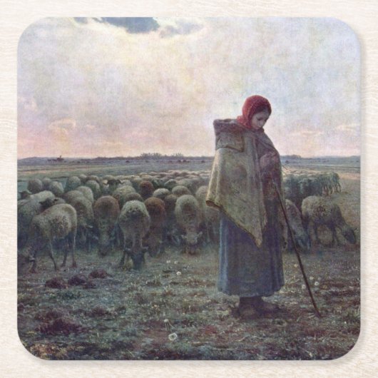 Shepherdess met Hare Flock, Jean-Francois Millet Kartonnen Onderzetters (Voorkant)