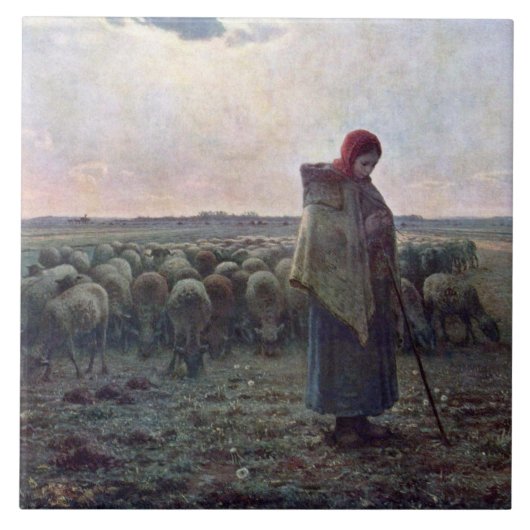 Shepherdess met Hare Flock, Jean-Francois Millet Tegeltje (Voorkant)