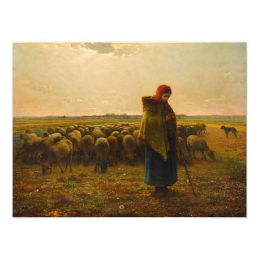 Shepherdess with her Flock by Jean-Francois Millet Foto Afdruk (Voorkant)