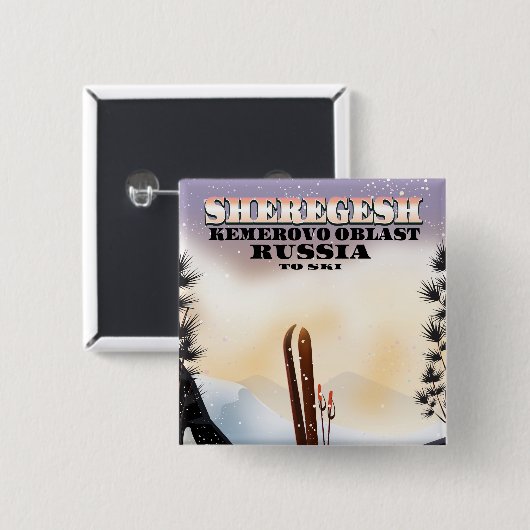 Sheregesh Rusland ski reisposter. Vierkante Button 5,1 Cm (Voorkant /achterkant)