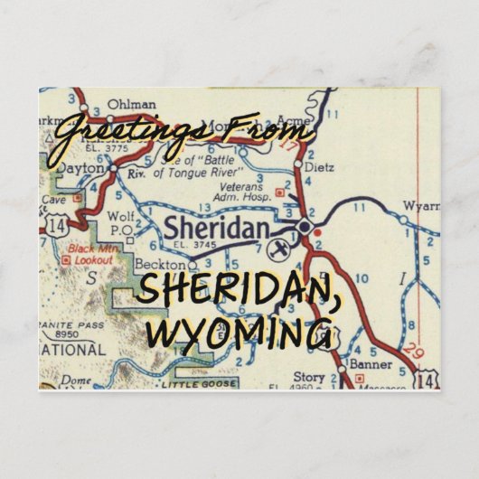 Sheridan WY  Map Briefkaart (Voorkant)