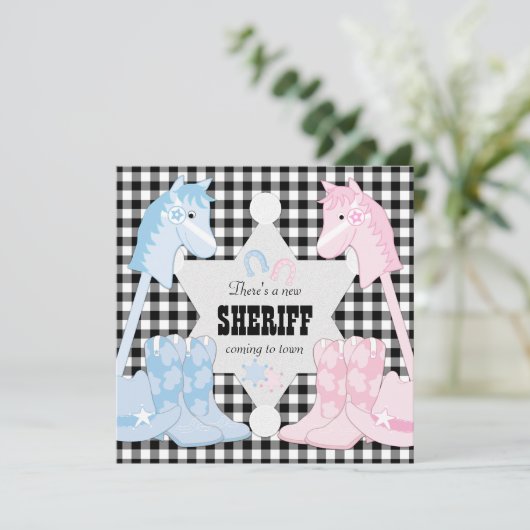 Sheriff Cowboy Gender Reveal Party Uitnodigingen (Staand voorkant)