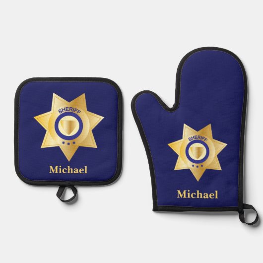 Sheriff Gold Star Badge Gepersonaliseerd Ovenwant & Pannenlap Set (Voorkant)