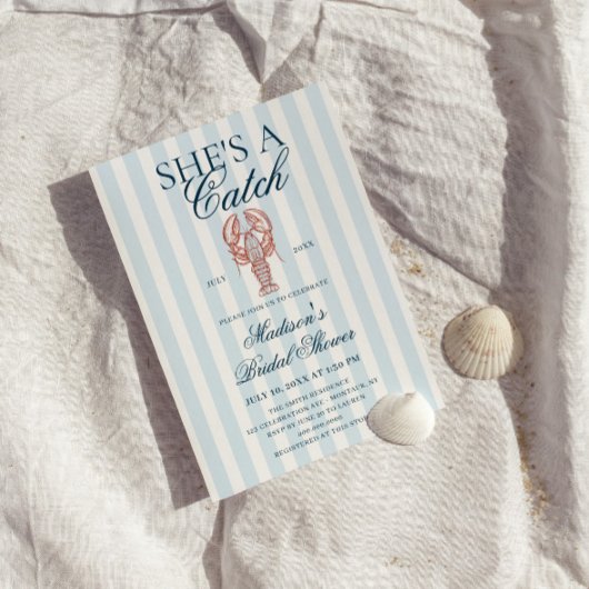 She's a catch Lobster Blue Striped Bridal Shower Kaart