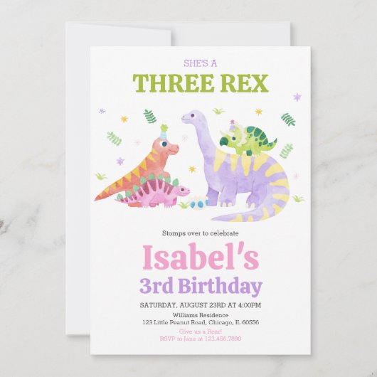 She's a Three rex Trex Dinosaur Birthday Kaart (Voorkant)